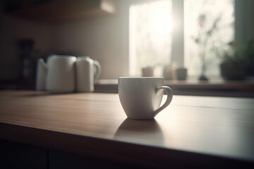 Standard white mugs standing on white table in kitchen. Hot coffee cup on table. Empty blank white mug mockup template. Realistic 3D illustration. Generative AI