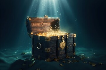 Treasure chest underwater in ocean. Ai art