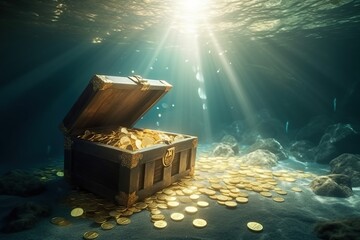 Treasure chest underwater in ocean. Ai art