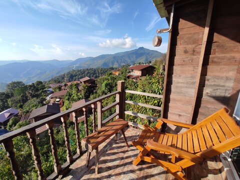Doi Sakat at the morning in Pua District, Nan, THAILAND. View from terrace of Oun I Bai Miang homestay.
