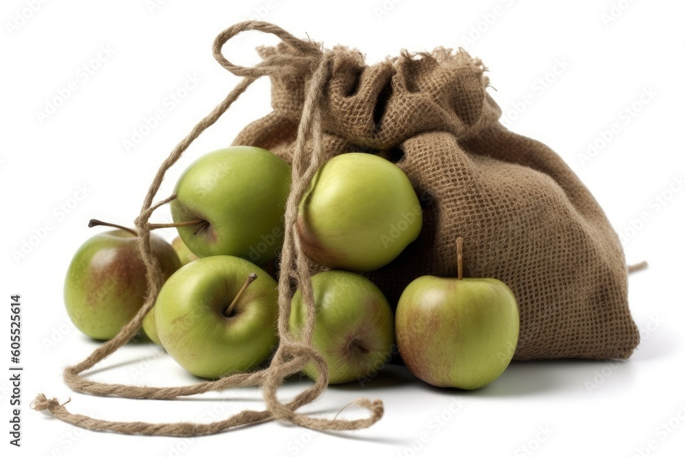 Aufkleber group of fresh green apples arranged in a bag on a plain white background generative ai