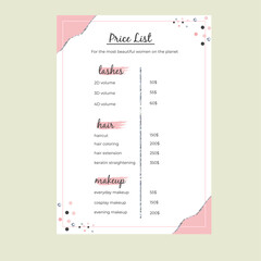 Price list with glitter for a beauty salon