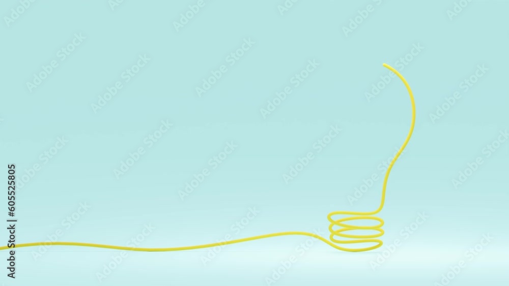 Poster yellow light bulb on blue background. wire of continuous one line idea light bulb. animation and alp