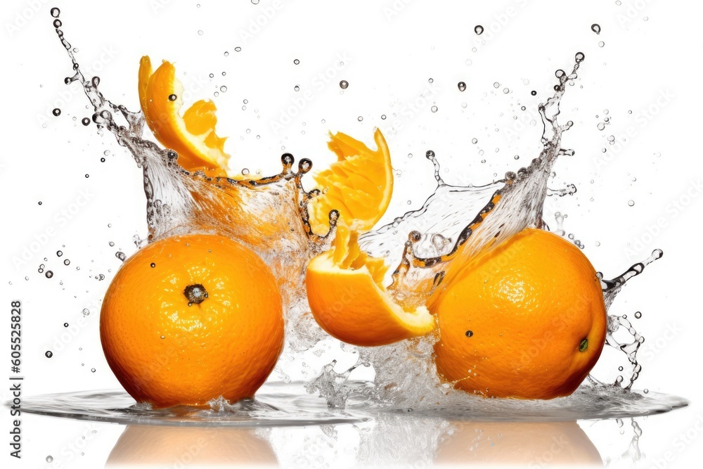 Poster two oranges falling into a pool of water and creating splashes generative ai
