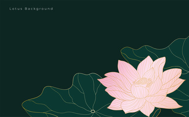 Golden Lotus line art vector in dark green background. Luxury wallpaper with lotus flower and leaves