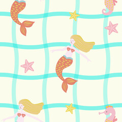 かわいい人魚とヒトデとタツノオトシゴと波のチェック柄のシームレスパターン