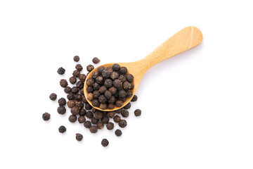 Black pepper or peppercorns in wooden spoon isolated on white background , top view , flat lay.