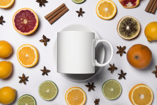 A coffee mug with a coffee cup on top of it and a coffee beans on the ground. White coffee mug mockup with fruits around. Realistic 3D illustration. Generative AI