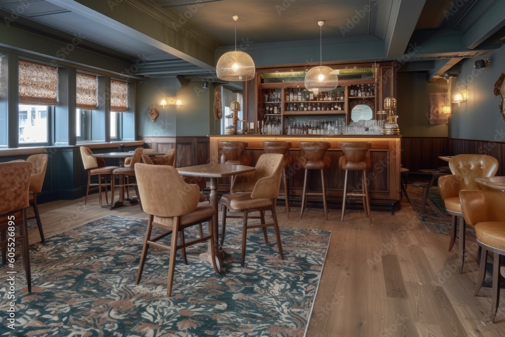 Poster cozy and stylish bar area with chairs and tables for visitors to relax and enjoy drinks generative a