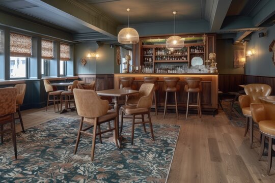 cozy and stylish bar area with chairs and tables for visitors to relax and enjoy drinks Generative AI