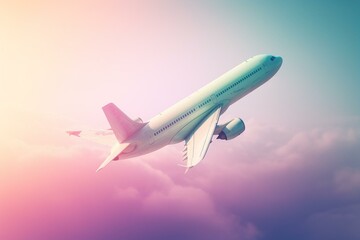 Fototapeta na wymiar Pastel colored minimalist airplane illustration soaring over sky, evoking travel and holiday themes. Generative AI
