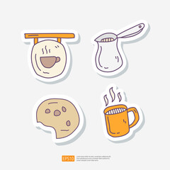 Cafe Signboard, Turkish Coffee Hot Pot, Cookie Biscuit, Chocolate Cup. Doodle Sticker Icon Set. Cafe Concept Vector Illustration
