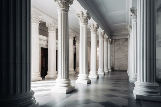 Row of white marble columns inside a building. Generative AI