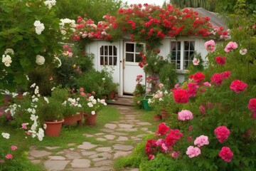 Fototapeta na wymiar colorful garden with a white door leading to natures beauty Generative AI
