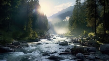 Forest Landscape With Sunrise Morning Foggy Weather Generated AI