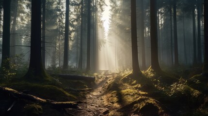 Forest Landscape With Sunrise Morning Foggy Weather Generated AI