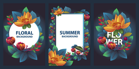 Set of vertical banner frame with flower, floral, summer background. Vector decorative greeting card or invitation design background. Vector illustration