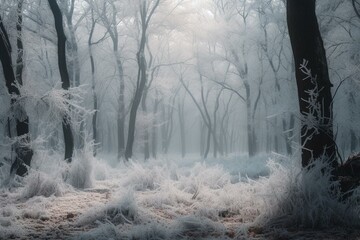 Chilly woodlands with frosty trees in the wintertime. Generative AI