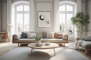 Bright scandinavian living area w/ couch. 3D model. Generative AI