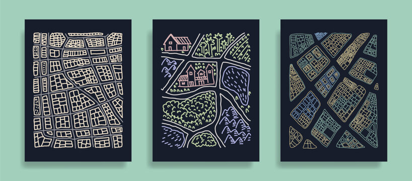 Freehand colorful line art city map, city streets and villages, set of doodle map