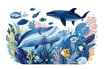 Obraz premium Blue ocean wildlife illustration in blue pastel tone using generative AI