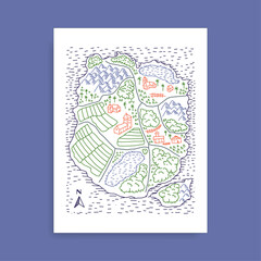 Village map on an island, freehand colorful line art, village streets and small houses