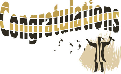 Graduation celebration with graduate silhouette and flying mortars and congratulations typography