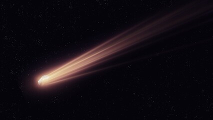 Large long tail of a comet on the background of space. Beautiful comet in the starry sky. Astronomical image of a celestial object.