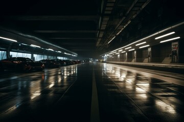 Fototapeta na wymiar Nighttime racetrack behind empty garage. Generative AI