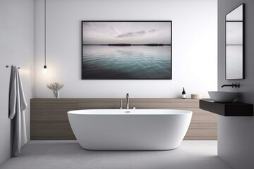 Fototapeta na wymiar 3D rendered wall poster in white bathroom mockup. Generative AI