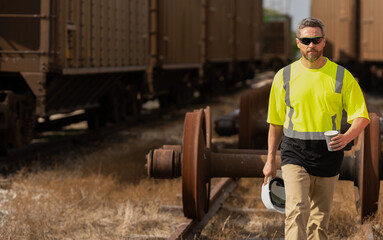 Railway worker. Railway man in safety vest walking on railroad tracks. Railway employee