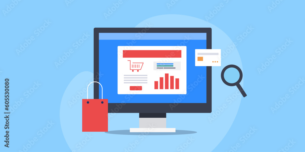 Poster ecommerce seo concept, making online web store visible to search engine, increasing website traffic 