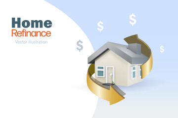 Mortgage refinance, home loan concept. Gold arrow around house. 3D vector.