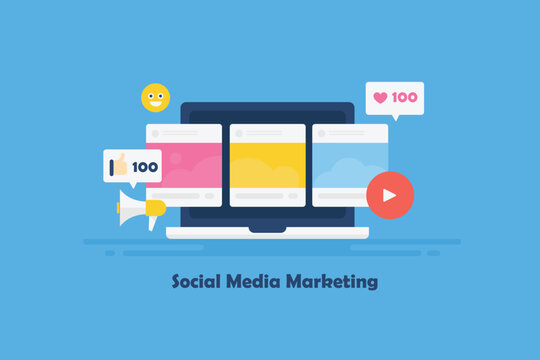 Social media marketing, post content on laptop screen with megaphone, emoticon and interactive counter. Business advertising campaign on social network, vector banner.