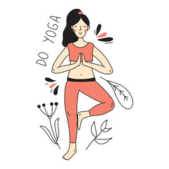 Girl doing yoga. Doodle style vector illustration, sketch for print, web, mobile and infographics isolated on white background.