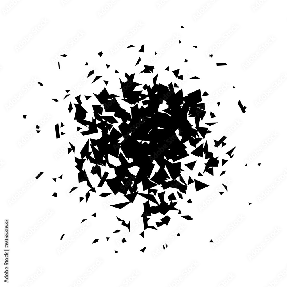 Poster shatters and debris radial shape. black broken pieces, specks and particles. abstract explosion and 