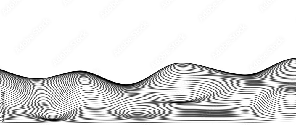 Poster Wavy black lines background. Curve thin stripes pattern. Abstract contour texture. Landscape terrain concept. Vector wallpaper.