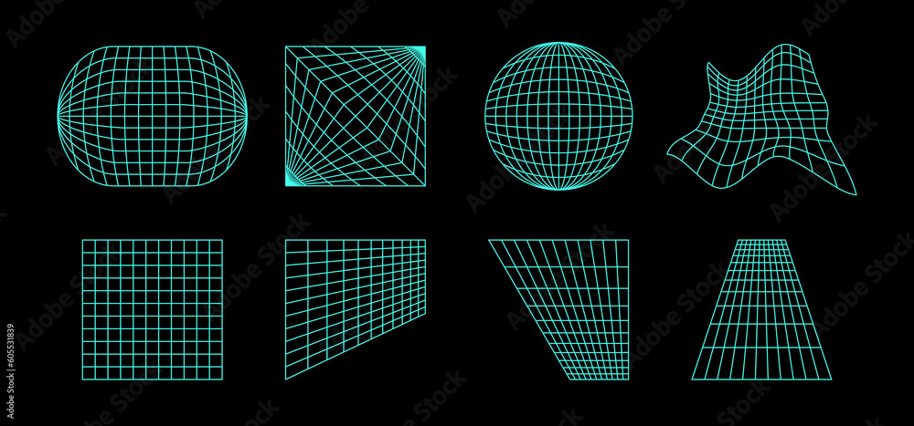 Poster Neon wireframe elements collection. Geometric surface grid of different shape. Distorted perspective planes and object set. Vector geometric bundle for posters, flyers, collages, templates.