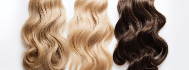 Fototapeta premium Beautiful diversity of wavy and curly hair with hair care products and tools on white background, generative AI