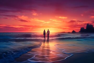 Fototapeta na wymiar couple in love on the sea shore at sunset, made with Generative AI