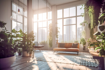 Fototapeta premium interior of modern open space room with large windows, made with Generative AI