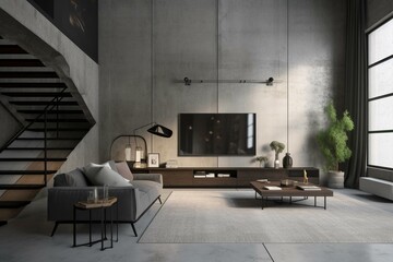 3d rendering of TV room with loft style and concrete wall mockup. Generative AI
