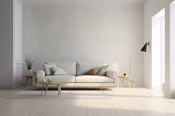 Fototapeta na wymiar 3D image of minimalist living room with modern sofa and empty wall in Scandinavian style. Generative AI