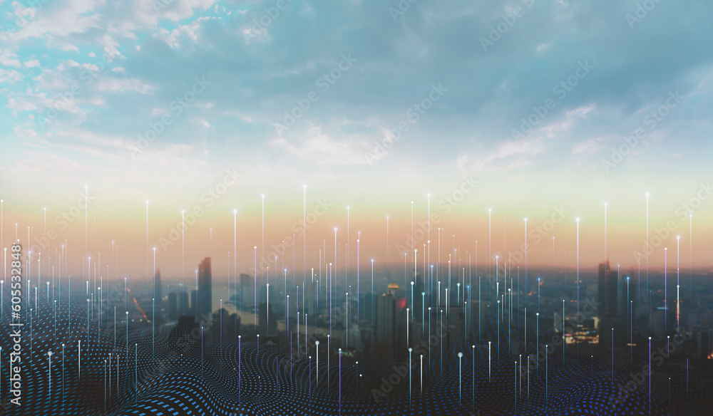 Poster modern city with wireless network connection and city scape concept. wireless network and connection