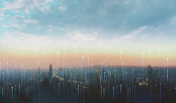 Modern city with wireless network connection and city scape concept. Wireless network and Connection technology concept