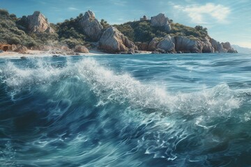 Illustration of a Mediterranean sea with morning waves painted by O. Generative AI