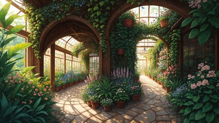 Fototapeta premium a courtyard with plants and a building. Ai llustration. fantasy digital painting. Artificial Intelligence Artwork