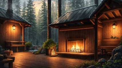 a cabin with a wood deck. Ai llustration. fantasy digital painting. Artificial Intelligence Artwork
