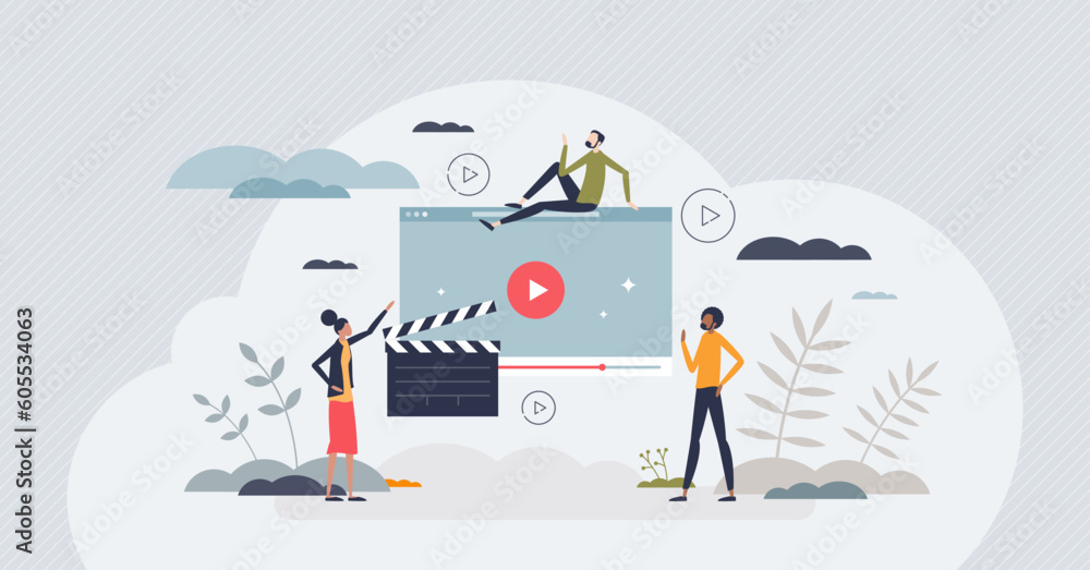 Poster streaming services with cinema or movie playing website tiny person concept. digital media broadcast