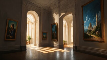 Obraz premium a room with paintings on the walls. Ai llustration. fantasy digital painting. Artificial Intelligence Artwork